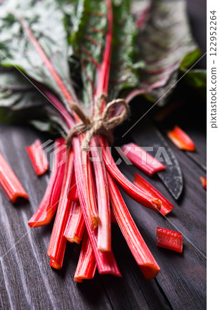 Fresh red chard leaves with purple stems 122952264