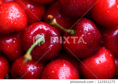 Juicy red cherries with water droplets close up 122952275