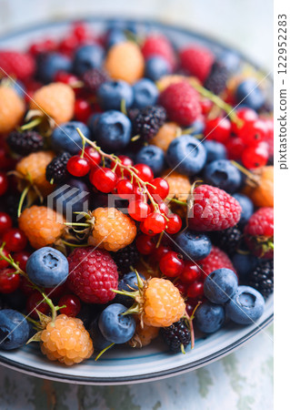 Mixed berries in a blue plate close up 122952283