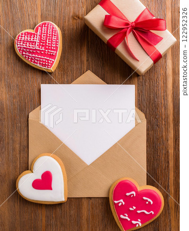 Heart Shaped Butter Cookies Wrapped in Red Paper a Perfect Sweet Heart Shaped Butter Cookies Wrapped in Red Paper a Perfect Sweet 122952326