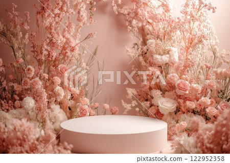 Elegant floral product podium with pastel roses and delicate greenery on display Elegant floral product podium with pastel roses and delicate greenery on display 122952358