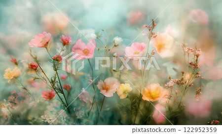 Colorful wildflowers bloom in a soft, dreamy garden setting during spring season Colorful wildflowers bloom in a soft, dreamy garden setting during spring season 122952359