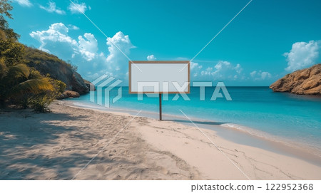 Blank wooden empty signboard mockup on sandy beach with ocean in background 122952368