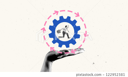 Contemporary art collage. Businessman running inside blue gear held by a large hand against light background. 122952381
