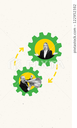 Contemporary art collage. Businessman shouting through megaphone while businesswoman reacts inside gears. 122952382