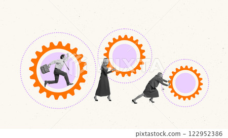Contemporary art collage. Businesswoman pushing gears while businessman runs inside against light background. Contemporary art collage. Businesswoman pushing gears while businessman runs inside against light background. 122952386