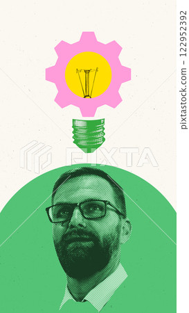 Contemporary art collage. Businessman in glasses below pink gear containing yellow lightbulb against green and beige background. Contemporary art collage. Businessman in glasses below pink gear containing yellow lightbulb against green and beige background. 122952392