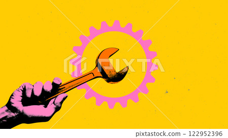 Contemporary art collage. Hand holding large orange wrench in front of pink gear against yellow background. Contemporary art collage. Hand holding large orange wrench in front of pink gear against yellow background. 122952396
