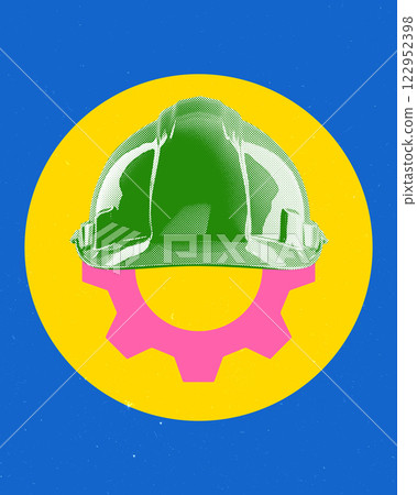 Contemporary art collage. Green safety helmet placed over pink gear inside yellow circle against blue background. Contemporary art collage. Green safety helmet placed over pink gear inside yellow circle against blue background. 122952398