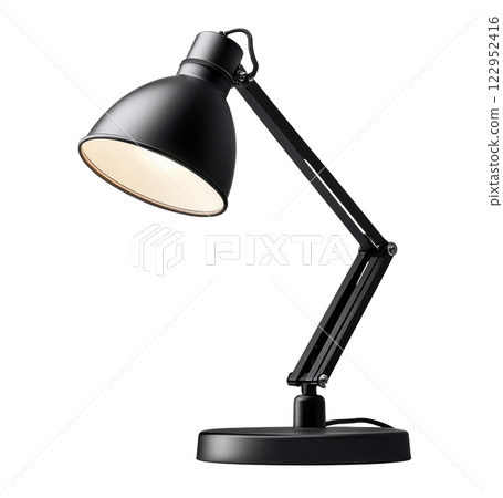 Adjustable black desk lamp illuminating a workspace with a modern design and sleek finish 122952416