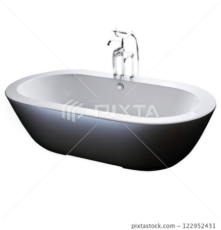 Modern freestanding bathtub with sleek faucet in a minimalist bathroom setting 122952431