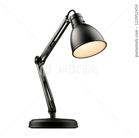 A black desk lamp with an adjustable arm placed on a plain white background showcasing modern design 122952454