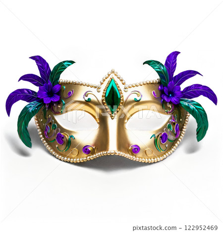 Colorful decorative mask featuring intricate designs and vibrant feathers 122952469