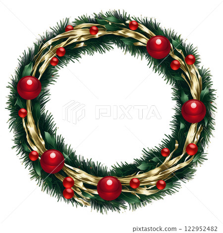 Decorative holiday wreath with red poinsettias and green foliage for seasonal celebration 122952482