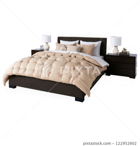 Cozy beige bed with decorative pillows and a gray throw blanket in a modern setting Cozy beige bed with decorative pillows and a gray throw blanket in a modern setting 122952602