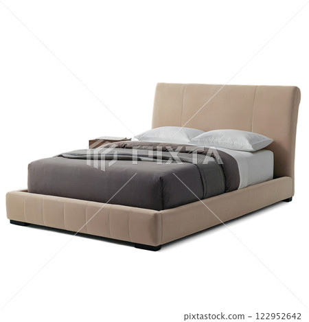 Comfortable beige upholstered bed with gray bedding and nightstand in a modern bedroom setting 122952642