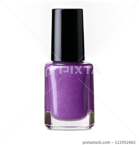 Sparkling purple nail polish in a clear bottle with a black cap for artistic nail designs Sparkling purple nail polish in a clear bottle with a black cap for artistic nail designs 122952662