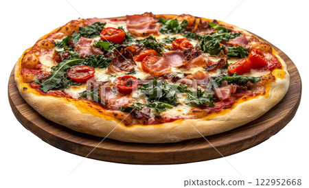 Freshly baked margherita pizza topped with basil and tomatoes on a wooden serving board 122952668
