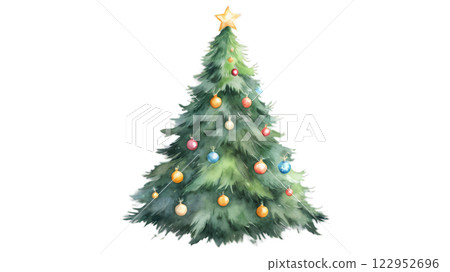 Decorated Christmas tree with colorful ornaments and a star on top for holiday celebrations 122952696
