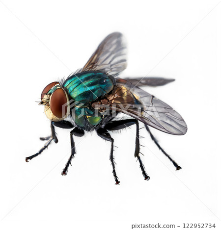 Close up view of a green fly highlighting its detailed features and anatomy on a white background 122952734