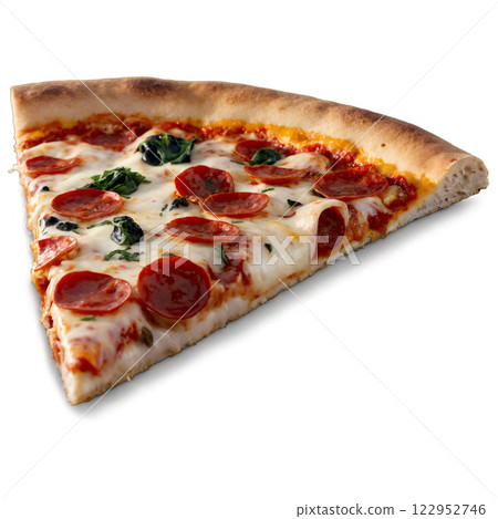 Delicious slice of pepperoni pizza topped with fresh spinach on a rustic wooden table 122952746