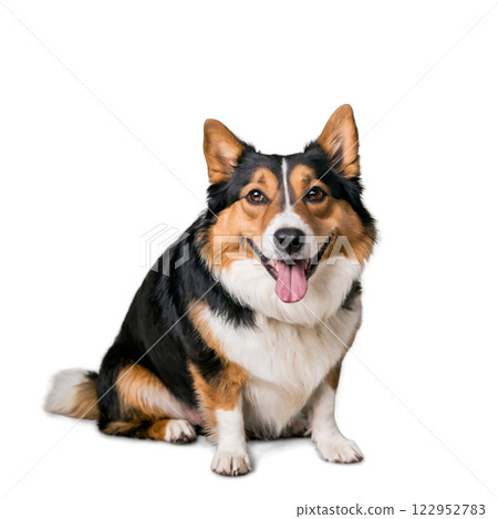 Happy corgi sitting and posing on a white background with a playful expression during daylight 122952783