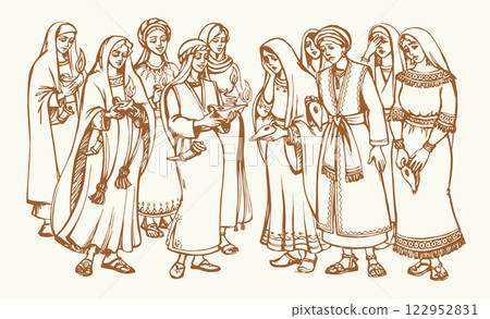 Vector drawing. 10 girls with lamps 122952831