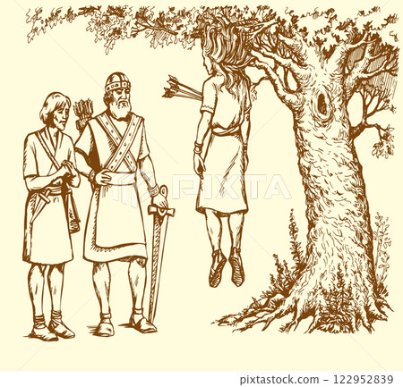Vector drawing. Absalom got his hair caught in a tree branch Vector drawing. Absalom got his hair caught in a tree branch 122952839