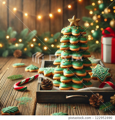 Festive tray of stacked Christmas tree butter cookies with green icing, golden sprinkles, placed on rustic wooden table, warm lighting, space for text on the right, cozy food photography Festive tray of stacked Christmas tree butter cookies with green icing, golden sprinkles, placed on rustic wooden table, warm lighting, space for text on the right, cozy food photography 122952890