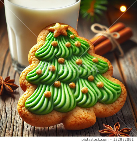 Christmas tree butter cookie in close-up with green icing and golden sprinkles, placed on rustic wooden table with soft holiday glow, milk and cinnamon in background, perfect for food photography 122952891
