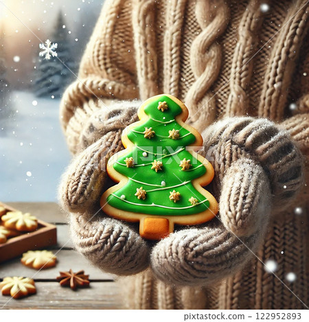 A child holding Christmas tree butter cookies with green icing and golden sprinkles, wearing cozy winter gloves, snowy background, natural festive lighting, perfect for food photography, advertising A child holding Christmas tree butter cookies with green icing and golden sprinkles, wearing cozy winter gloves, snowy background, natural festive lighting, perfect for food photography, advertising 122952893