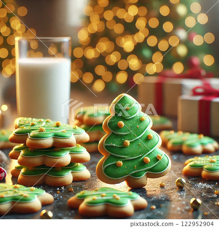 Minimalist holiday composition with Christmas tree butter cookies on a stone tabletop, gentle light reflections, festive and elegant, high-end food photography, ideal for advertising 122952904