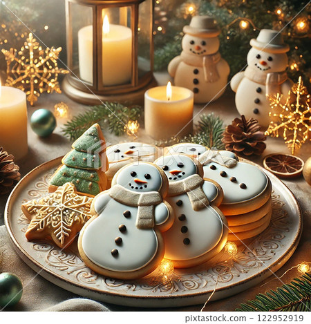 Christmas table with snowman cookies, pine cone details, wine glasses and warm lights, festive atmosphere with central space for text, perfect for business promotions Christmas table with snowman cookies, pine cone details, wine glasses and warm lights, festive atmosphere with central space for text, perfect for business promotions 122952919