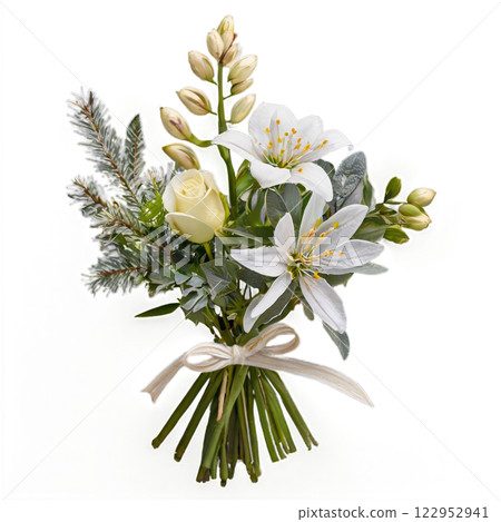 Elegant winter flower arrangement with frosted greenery and pastel blooms for seasonal decoration Elegant winter flower arrangement with frosted greenery and pastel blooms for seasonal decoration 122952941