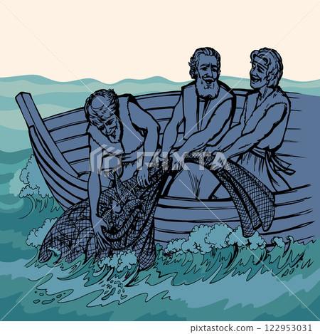 Vector drawing. Three men in the boat Vector drawing. Three men in the boat 122953031