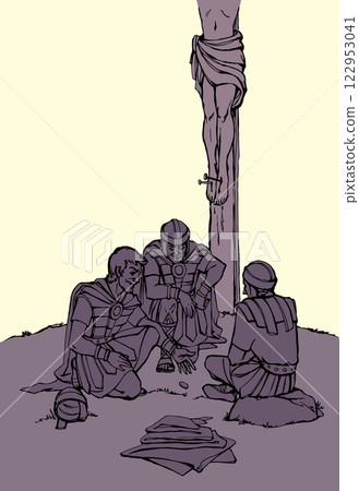 Vector drawing. Soldiers at the cross. 122953041