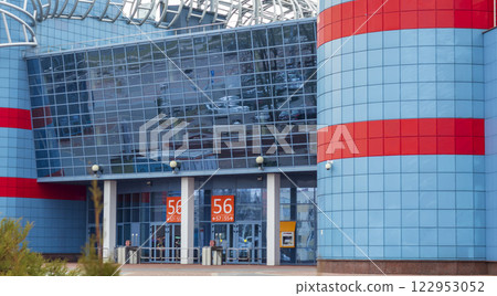 Shot of the one of the entrances to the sports arena. Shot of the one of the entrances to the sports arena. 122953052