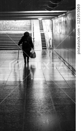 Conceptual, black and white shot of the exit from underground pedestrian crossing Conceptual, black and white shot of the exit from underground pedestrian crossing 122953069