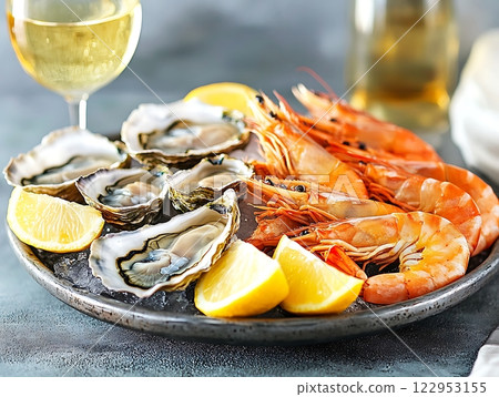 Seafood Platter with Fresh Oysters, Shrimp, Lemon Wedges, and Chilled White Wine 122953155