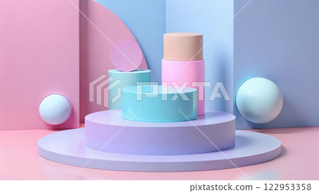 Colorful Abstract Display with Geometric Shapes in Pastel Tones Colorful Abstract Display with Geometric Shapes in Pastel Tones 122953358