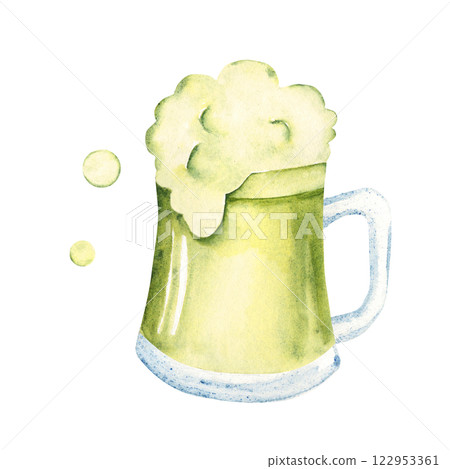 Ale mug, glass with foam. Pint of Irish green Beer. Hand drawn Watercolor illustration traditional St. Patrick's Day Drink. For holiday greeting cards, pub menu. 122953361