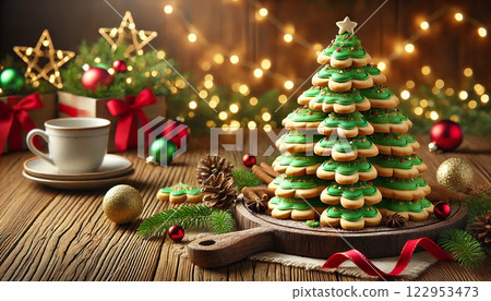 Festive tray of stacked Christmas tree butter cookies with green icing, golden sprinkles, placed on rustic wooden table, warm lighting, space for text on the right, cozy food photography, perfect for 122953473