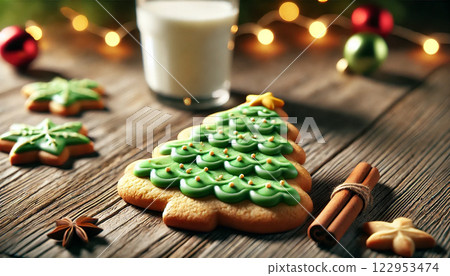 Single Christmas tree butter cookie with green icing and golden sprinkles, placed on rustic wooden table with soft holiday lighting, milk and cinnamon in background, space for text, perfect for ads 122953474