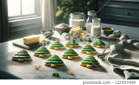 Christmas tree butter cookies with green icing and golden sprinkles, placed on a marble countertop with baking ingredients, natural soft lighting, professional food photography, space for text Christmas tree butter cookies with green icing and golden sprinkles, placed on a marble countertop with baking ingredients, natural soft lighting, professional food photography, space for text 122953480