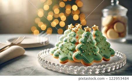 Christmas tree butter cookies with green icing and golden sprinkles, served on a glass platter, warm festive lighting, bokeh Christmas lights, elegant holiday ambiance, space for text 122953484