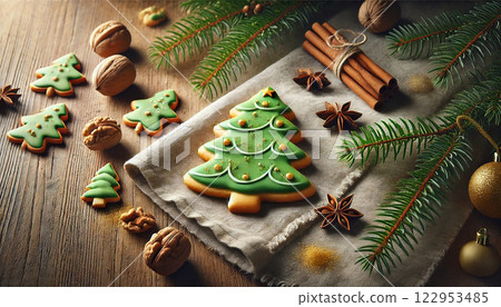 Christmas tree butter cookies with green icing and golden sprinkles, arranged on a textured linen cloth with pine branches and star anise, soft natural lighting, space for text Christmas tree butter cookies with green icing and golden sprinkles, arranged on a textured linen cloth with pine branches and star anise, soft natural lighting, space for text 122953485
