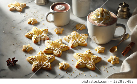 Christmas star butter cookies with golden sprinkles on a marble tabletop, cozy winter scene with hot chocolate, soft natural lighting, space for text, perfect for branding and seasonal advertising Christmas star butter cookies with golden sprinkles on a marble tabletop, cozy winter scene with hot chocolate, soft natural lighting, space for text, perfect for branding and seasonal advertising 122953492