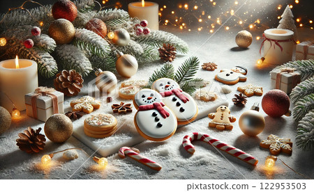 Snowman cookies on snowy table with warm lights, pine branches and Christmas decorations, cold lighting with festive reflections, space for text, ideal for branding and winter campaigns Snowman cookies on snowy table with warm lights, pine branches and Christmas decorations, cold lighting with festive reflections, space for text, ideal for branding and winter campaigns 122953503