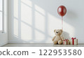 用毛絨玩具、紅色氣球和禮物裝飾的簡單空間 122953580