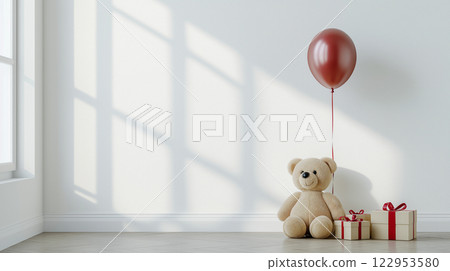 用毛絨玩具、紅色氣球和禮物裝飾的簡單空間 用毛絨玩具、紅色氣球和禮物裝飾的簡單空間 122953580